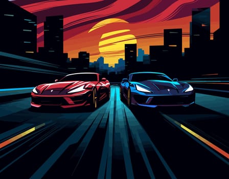 Vector illustration of two cars on the road in the city at sunset