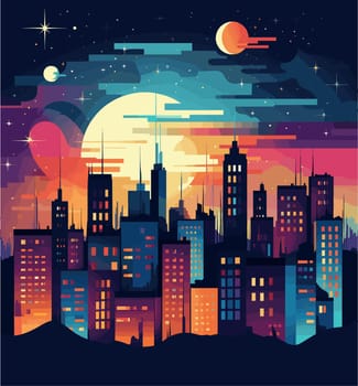 night cityscape with buildings and full moon vector illustration
