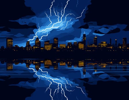 Night cityscape with lightning on dark blue background. Vector illustration.