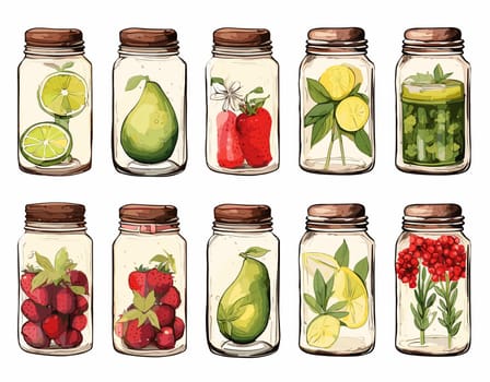 Jars filled with various fruits and foliage, including pears, lime slices, strawberries, and lemons, are presented against a white background