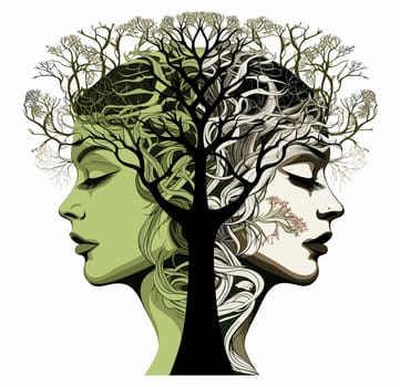 Illustration of beautiful woman with tree in her hair. Vector illustration
