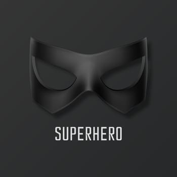 Vector Black Super Hero Mask. Face Character, Superhero Comic Book Mask Closeup Isolated with Shadow in Front View. Superhero Photo Prop, Carnival Face Mask, Glasses. Comic Book Concept.