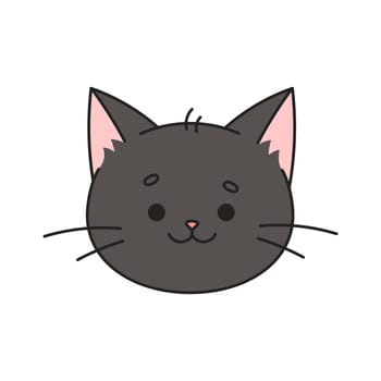 Cute happy black cat head. Cat in kawaii style. Cartoon cat character. Cat face, muzzle. Doodle style. Hand drawn character. Animal head illustration. Vector illustration.