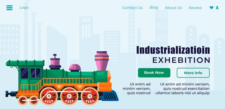 Industrialization exhibition of development of steam locomotives and railway transport, from rare to innovative models. Website landing site template with tickets, online site vector in flat style