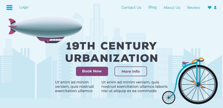 Exhibition of technical achievements, innovative breakthrough development of aviation transport 19th century. Museum of urbanization. Website landing site template, online site vector in flat style