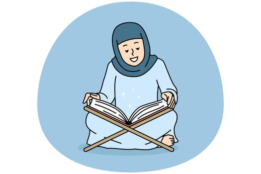 Smiling Arabic woman in abaya read Koran at home. Happy Arabian female in hijab pray with holy muslim book. Vector illustration.