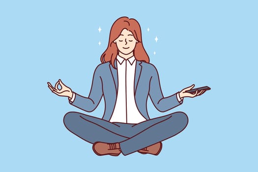 Business woman meditates and practices yoga to get rid bad emotions or learn zen buddhism. Girl in business clothes smiles floating in air and meditates in lotus position, leading healthy lifestyle.