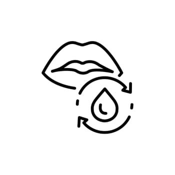 Lip outline icon, lipstick or water gel, mouth with liquid drop, water cycle for face, thin line symbol on white background.
