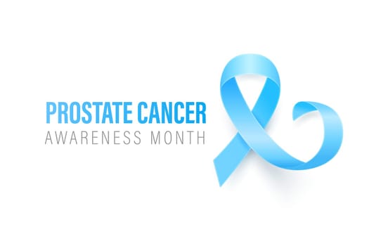 Prostate Cancer Banner, Card, Placard with Vector 3d Realistic Blue Ribbon on White Background. Prostate Cancer Awareness Month Symbol Closeup, September. World Prostate Cancer Day Concept.