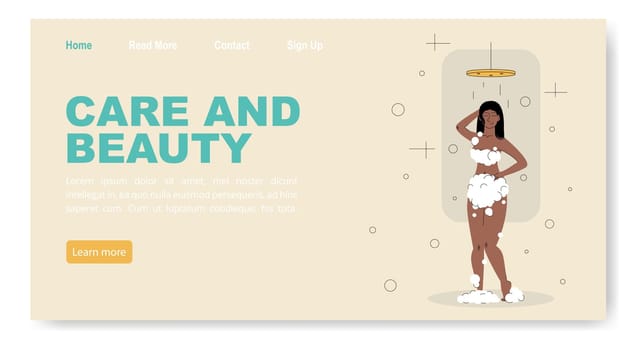 Relaxing bath concept of landing page with afro girl take a shower. Female character washes in shower. Everyday hygiene procedure. Naked black girl foaming soap or gel. Body care. Flat vector illustration.