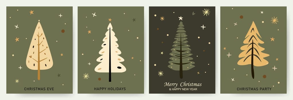 Modern universal art templates. Merry Christmas. Holiday cards and invitations with hand drawn Christmas trees on a green background. Vector