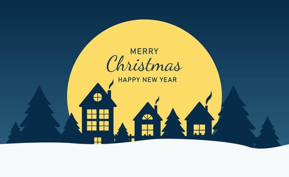 Merry christmas and a happy new year. Vector Christmas background, greeting card. Views of the house in winter night with yellow moon. Paper cut
