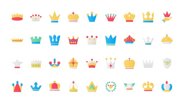 Abstract flat luxury symbols of authority and royalty, simple royal tiaras of king or queen, chess badge crown, classic heraldic emblem on shield. Crown flat icons set vector illustration.