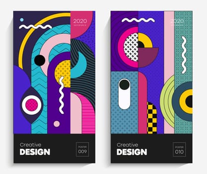 Fashionable bright geometric shapes. Vector suitable for your project, animation, advertising, advertising banner, flyer, sale. Simple poster, patches, badges in the mix Neo Memphis, pop art.