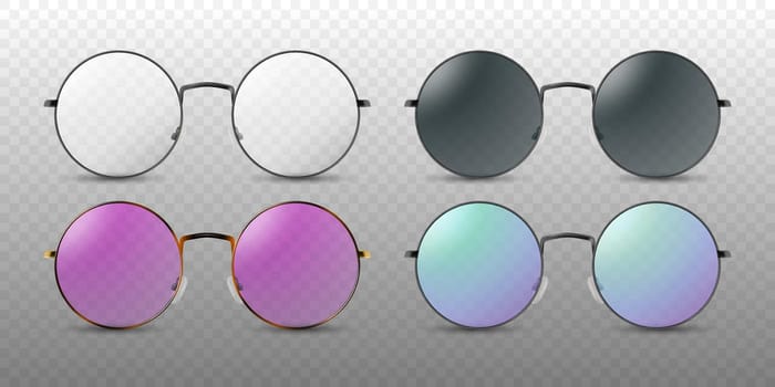 Vector Realistic Colorless, Black, Pink and Purple Round Frame Glasses Frame Set Closeup Isolated. Transparent Sunglasses for Women and Men. Optics, Lens, Vintage, Trendy Glasses. Front View.