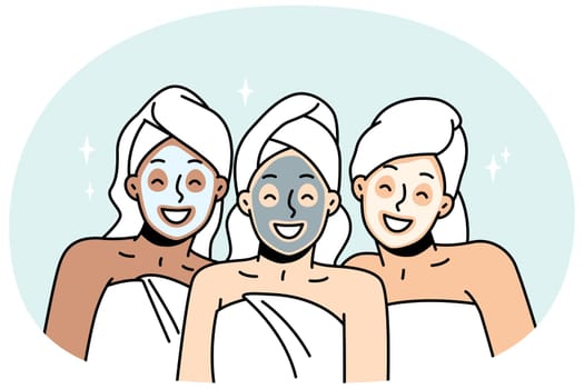 Girls in head and body towels, cosmetic face masks smiling. Women in hair wraps have beauty treatment in spa, sauna. Facial skincare female routine, anti-aging procedure. Vector outline illustration.