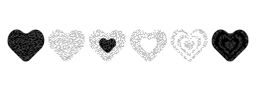 Collection of heart shape icons with sandy texture. Different symbols and signs in the form of a heart with a grainy noise effect in black. Vector illustration.