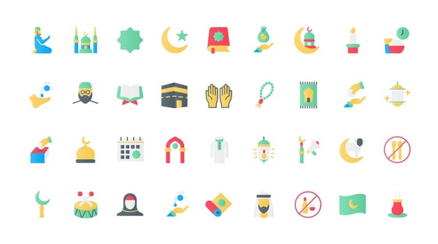 Islam flat icons set vector illustration. Muslim religion and worship symbols, Saudi man and woman in hijab, mosque and Quran, religious calendar of holidays for prayers and charity.
