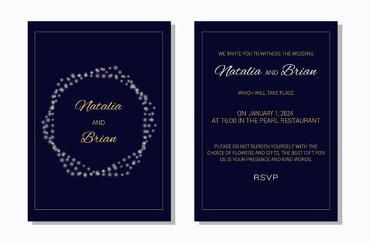 Wedding invitation layout template in winter theme. Snowflake Decoration. Design of an invitation card. Vector illustration.