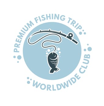 Community of gourmet fishing. Exclusive fishing spots around world. Professional guides and instructors. Fish rod for carp. Promotional banner or label, emblem or sticker. Vector in flat style