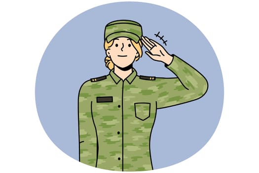 Female soldier in khaki uniform saluting. Woman serving in army making hand gesture show respect and greeting. Military service concept. Vector illustration.