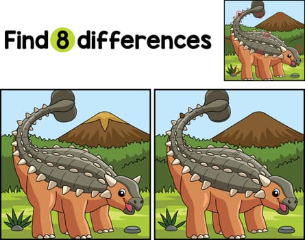 Find or spot the differences on this Ankylosaurus Dinosaur Kids activity page. It is a funny and educational puzzle-matching game for children.