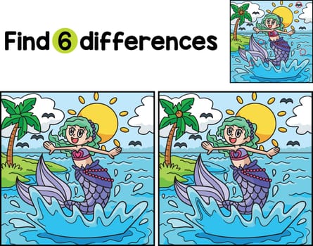 Find or spot the differences on this Jumping Mermaid Kids activity page. It is a funny and educational puzzle-matching game for children.