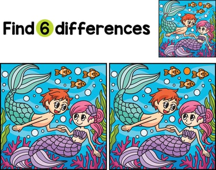 Find or spot the differences on this Mermaid And Merman kids activity page. It is a funny and educational puzzle-matching game for children.
