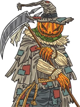 This cartoon clipart shows a Halloween Scarecrow with a Scythe illustration.
