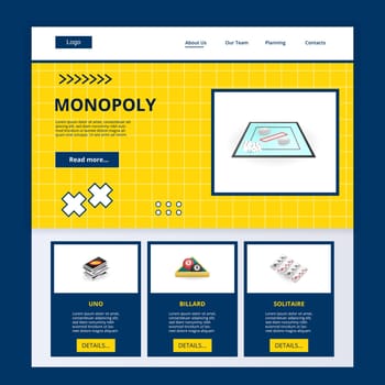 Monopoly flat landing page website template. Uno, billard, solitaire. Vector illustration. For website slider, keynote presentation background, brochure design, annual report, company profile.