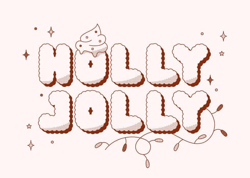 Groovy Christmas two-tone Holly Jolly card. Dark red halftone letters.