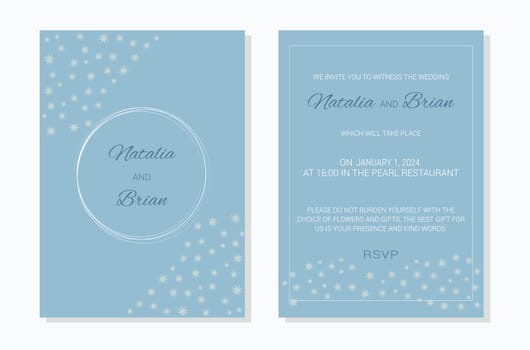 Wedding invitation layout template in winter theme. Snowflake decoration on a blue background. Design of an invitation card. Vector illustration.