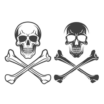 Vector Black and White Skull and Crossbones Icon Set Isolated. Skulls Collection with Outline, Cut Out Style in Front View. Hand Drawn Skull Head Design Template.