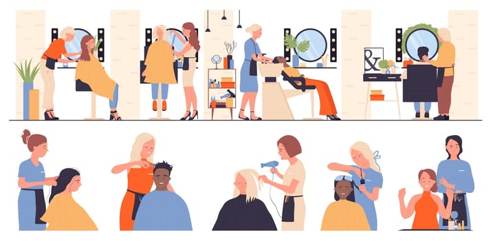 Hairdresser salon service set vector illustration. Cartoon isolated male and female customers sitting in front of mirror to comb and care, cut or wash hair, hairstyle for man and woman by stylist