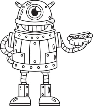A cute and funny coloring page of a One-Eyed Robot with a Hotdog. Provides hours of coloring fun for children. To color, this page is very easy. Suitable for little kids and toddlers.