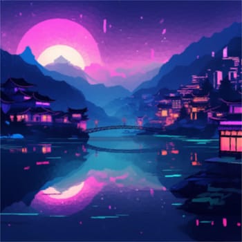 Abstract image of a night city against the backdrop of mountains in neon light. Vector illustration