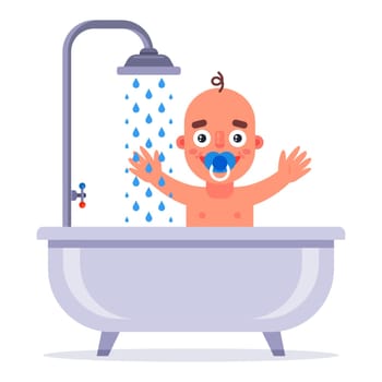 the child washes himself in the bathroom. flat vector illustration.
