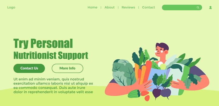 Development of balanced meal plan by personal nutritionist taking into account your needs. Monitoring and correction, psychological support. Website landing page, internet site vector in flat style