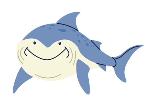 Shark long bodied marine predatory fish. Isolated smiling character of underwater animals, cute cartoon personage. Water dweller with sharp teeth and fins, tail and face. Vector in flat style