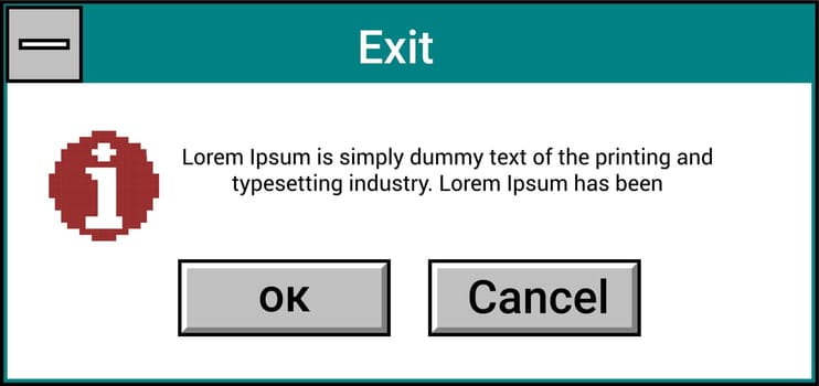Error or notification message in old operation system, isolated screen with information and buttons for cancel and exit. Interface of program or application for computer. Vector in flat style