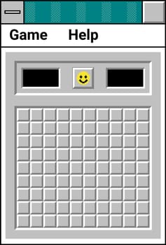 Minesweeper interface of game for old operation systems. Isolated window with hidden blocks, number of tries and smiley face. Entertainment and relax on personal computer in 90s. Vector in flat style