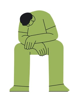 Sad man personage sitting alone, isolated male with upset expressing showing emotions and feelings. Depression and sadness, grief and sorrow of person. Cartoon character vector in flat style