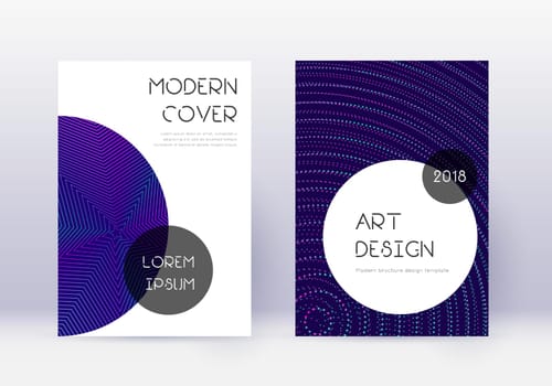 Trendy cover design template set. Neon abstract lines on dark blue background. Graceful cover design. Delicate catalog, poster, book template etc.