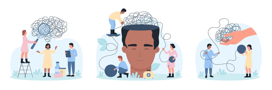 Mental health problem and treatment, psychology set vector illustration. Cartoon tiny people holding magnifying glass to research knot of tangled thread, psychologists help to untangle thoughts mess