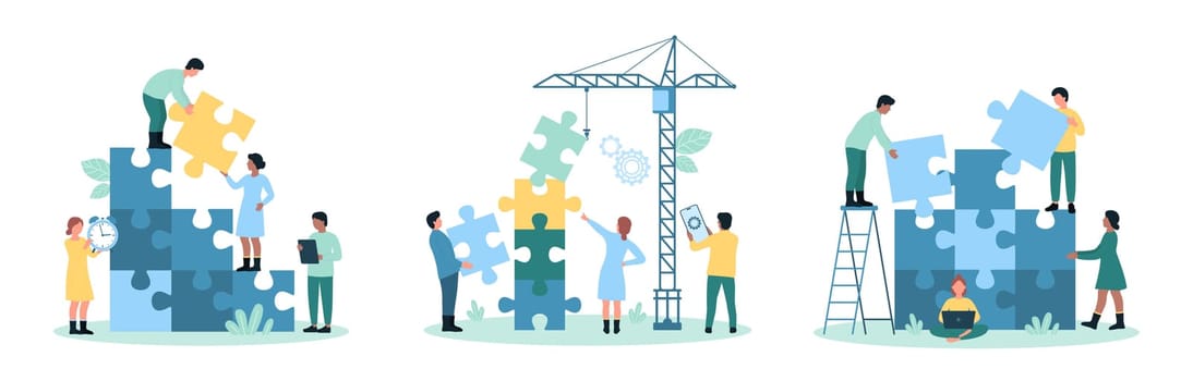 Business cooperation and partnership set vector illustration. Cartoon tiny people build puzzles tower from pieces, effective team building with construction crane and teamwork to make new project