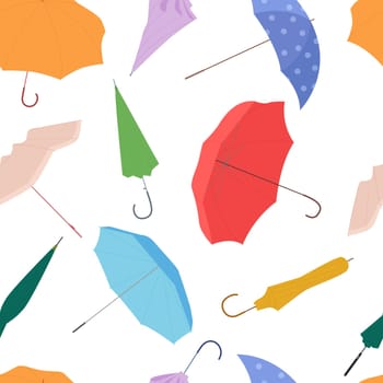 Open umbrella seamless pattern. Cartoon isolated parasols in different colors with handles and waterproof fabric vector illustration
