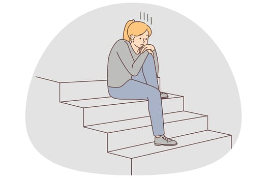 Unhappy young woman sitting on stairs feeling depressed. Upset girl suffer from loneliness or solitude. Depression and communication lack. Vector illustration.