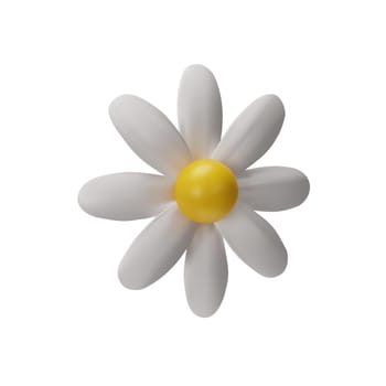3D render daisy. Vector illustration of summer flower. Realistic fresh blossom in white and yellow color. Fresh chamomile right side in clay style. Botany decoration element for bouquet.