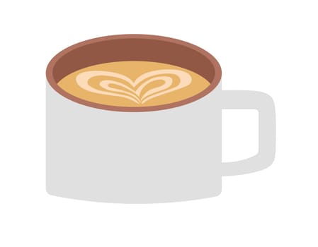 Classic Italian coffee beverage. Isolated cup of cappuccino with heart pattern. Morning drink made with espresso and steamed milk. Combination of bold and creamy flavors. Vector in flat style