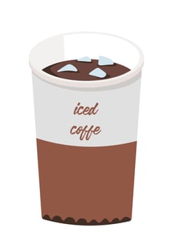 Iced cold brew coffee in plastic takeout cup. Isolated glass of refreshing caffeine beverage with ice cubes. Icon for fast food cafe, cafeteria or coffeehouse design element. Vector in flat style